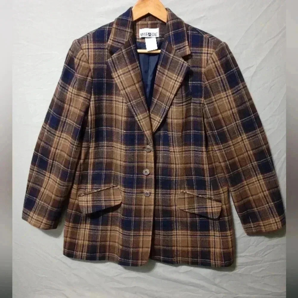 Vintage 90s White Stag preppy wool blend plaid blazer size women's 12 burgundy